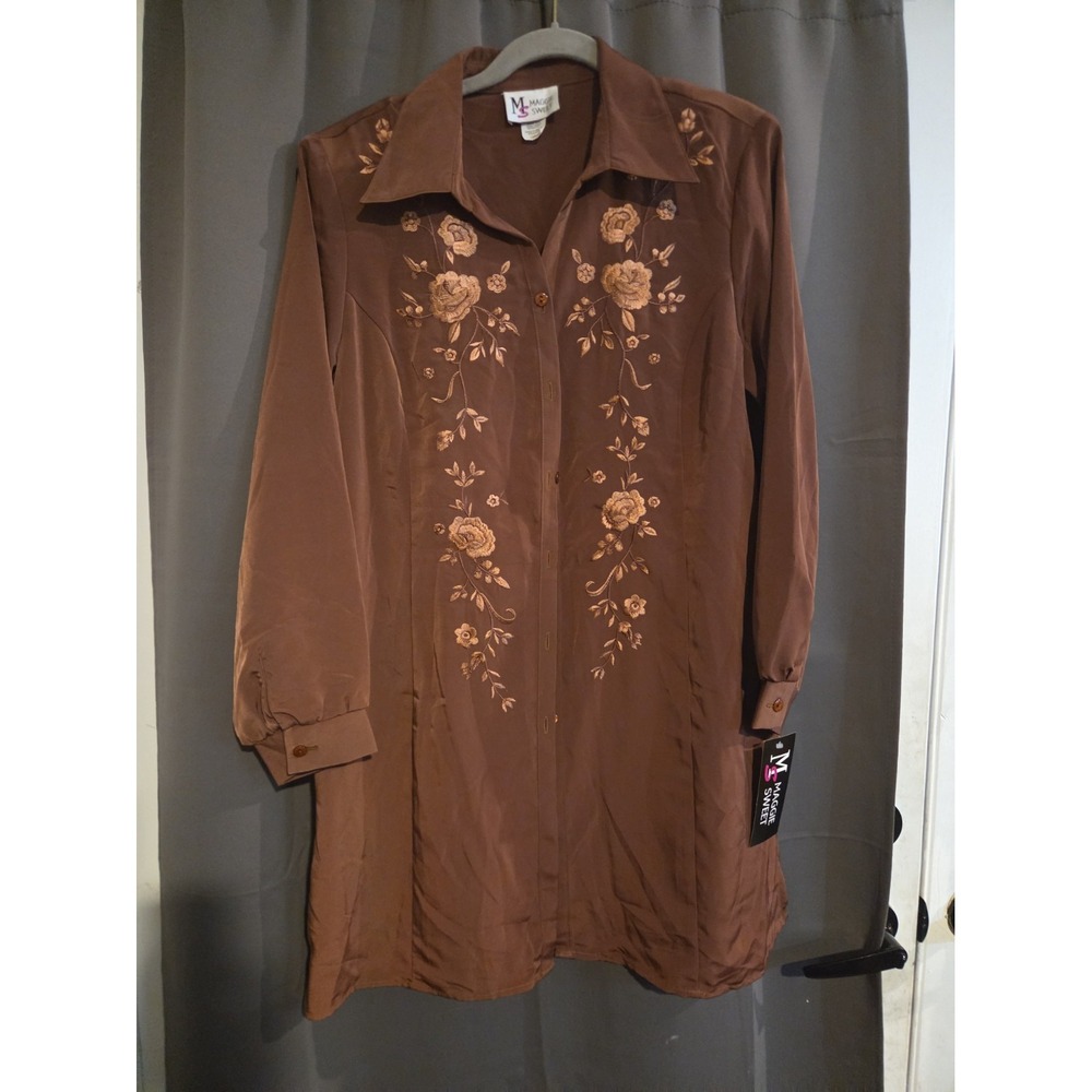 Vintage 90's Maggie Sweet Women's L Brown Floral Embroidered Button-Up Collared